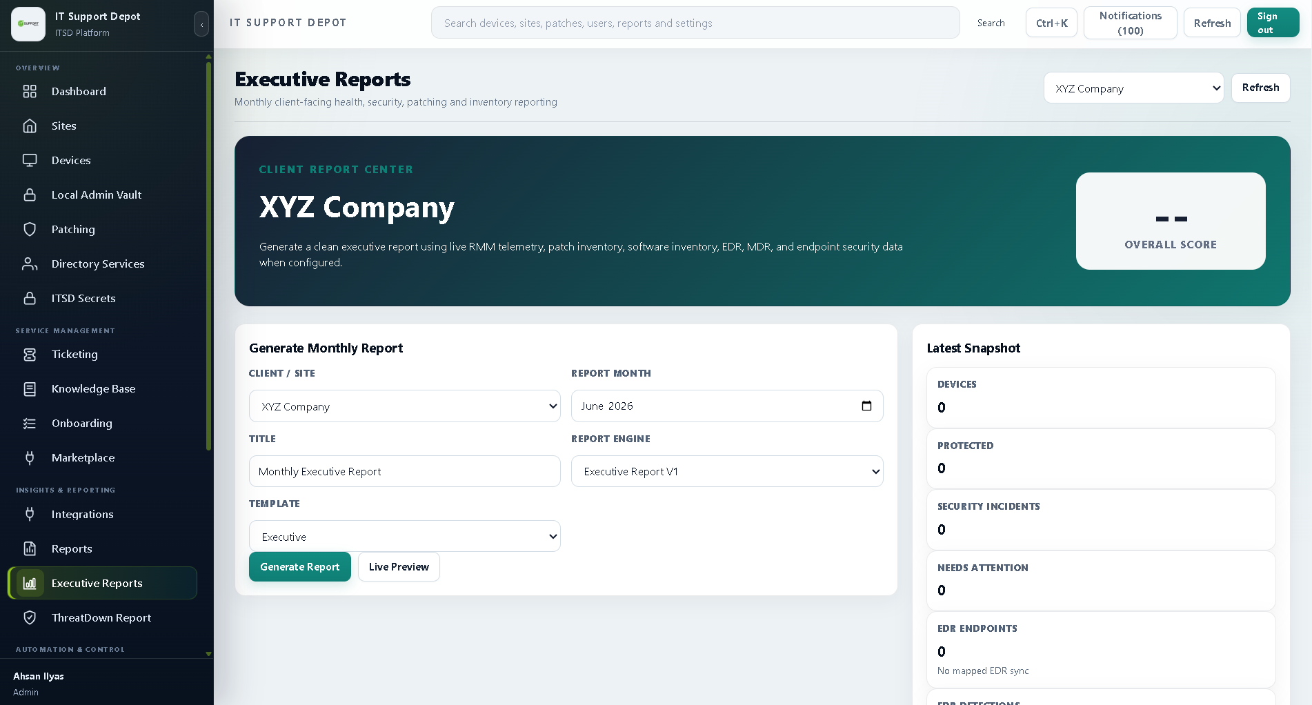 MSPdepot Risk Report real dashboard