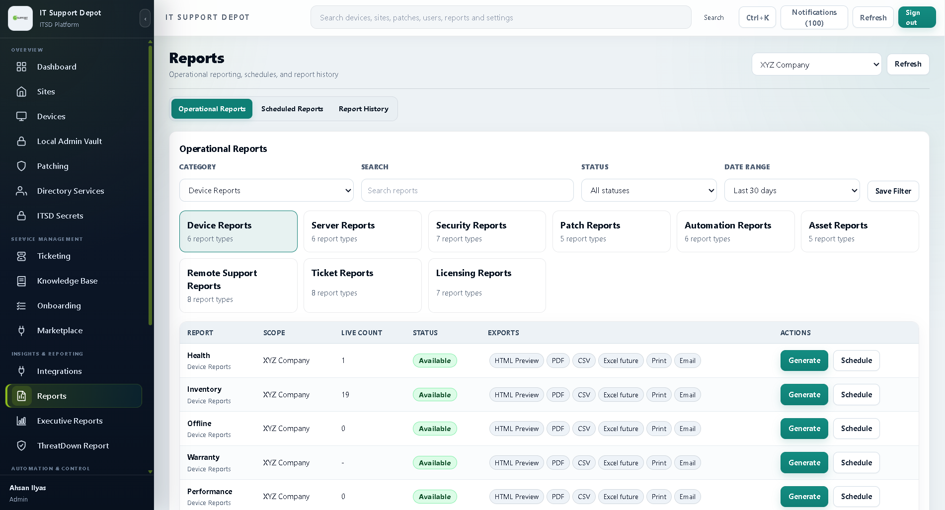 MSPdepot operational reports portal for XYZ Company